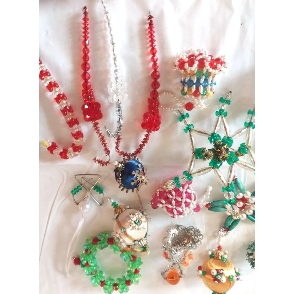 21 Lot Christmas Beaded Ornaments Bells Candle Wreath Icicle Candy Cane Push Pin
